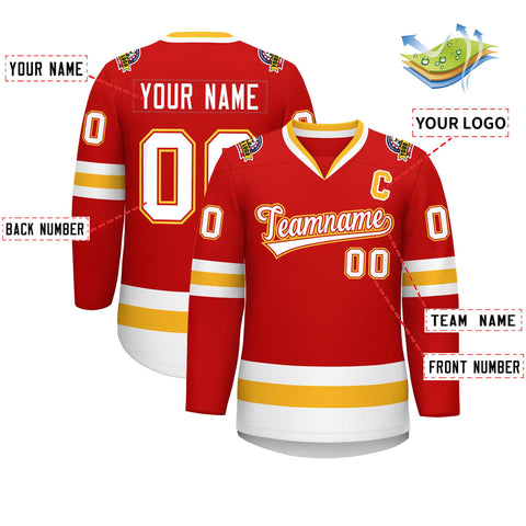 Custom Red White Red-Gold Classic Style Hockey Jersey