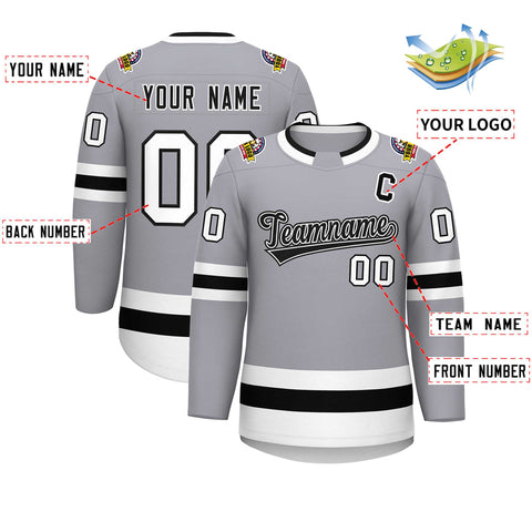 Custom Gray Black White-Black Classic Style Hockey Jersey