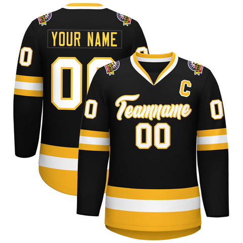 Custom Black White-Gold Classic Style Hockey Jersey