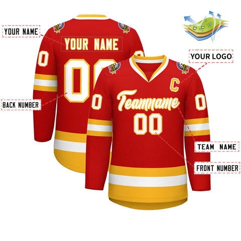 Custom Red White-Gold Classic Style Hockey Jersey