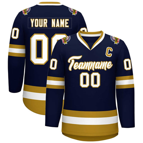Custom Navy White-Old Gold Classic Style Hockey Jersey