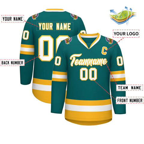Custom Teal White-Gold Classic Style Hockey Jersey