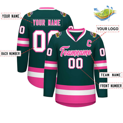 Custom Midnight Green Pink-White Classic Style Hockey Jersey