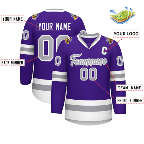 Custom Purple Gray-White Classic Style Hockey Jersey