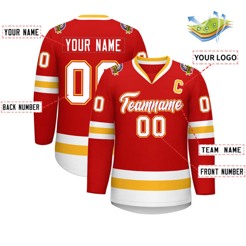 Custom Red White Red-Gold Classic Style Hockey Jersey