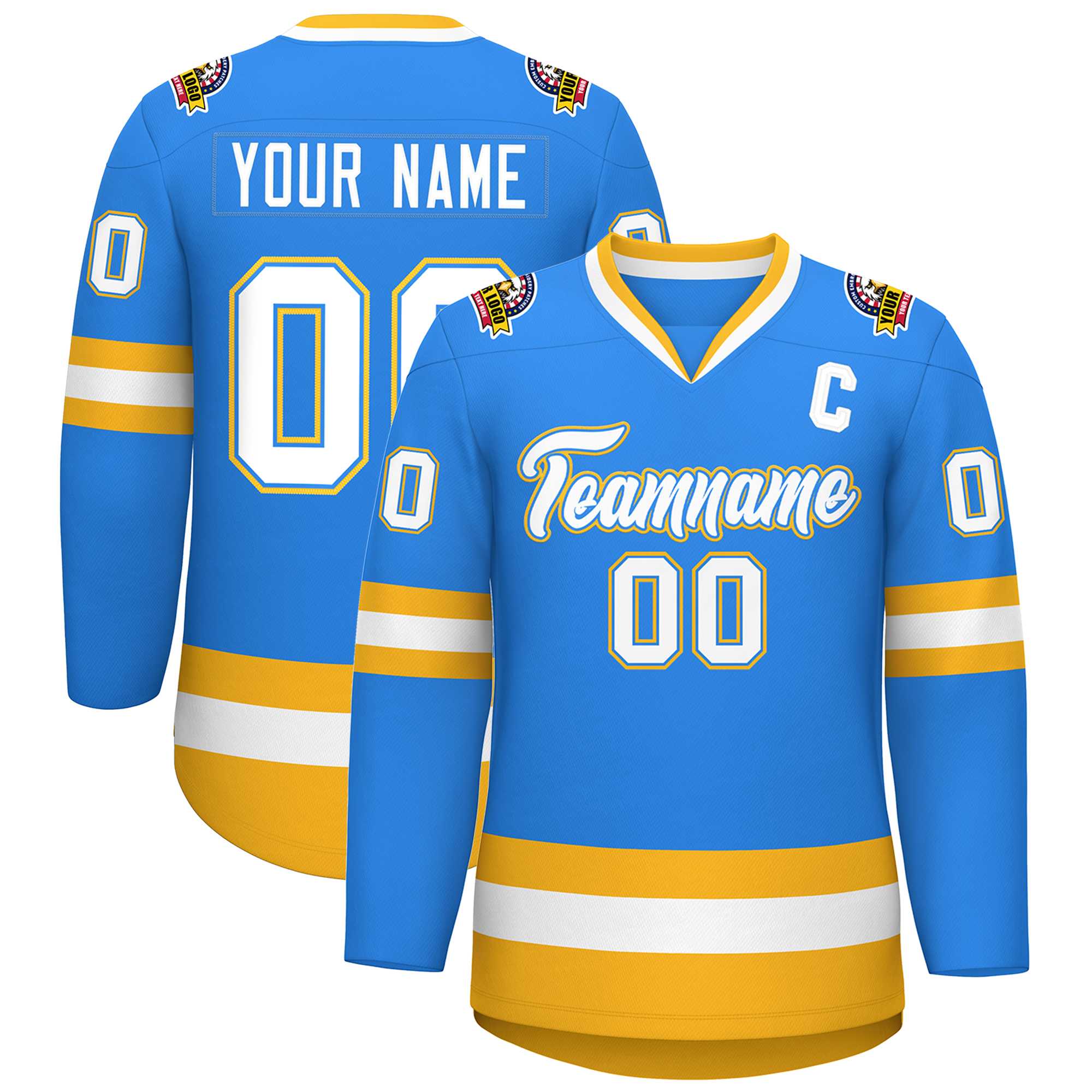 Custom Powder Blue White Powder BlueGold Classic Style Hockey Jersey