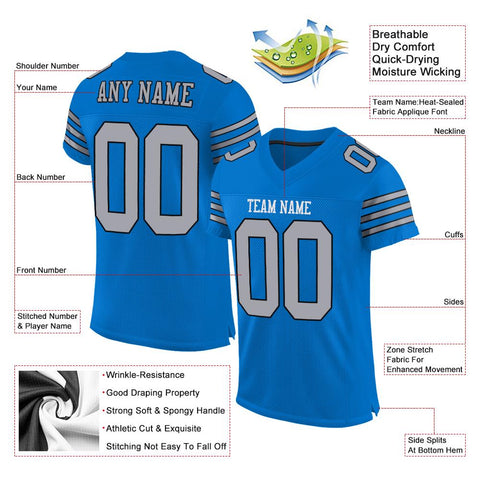 Custom Panther Blue Light Gray-Black Classic Style Mesh Authentic Football Jersey