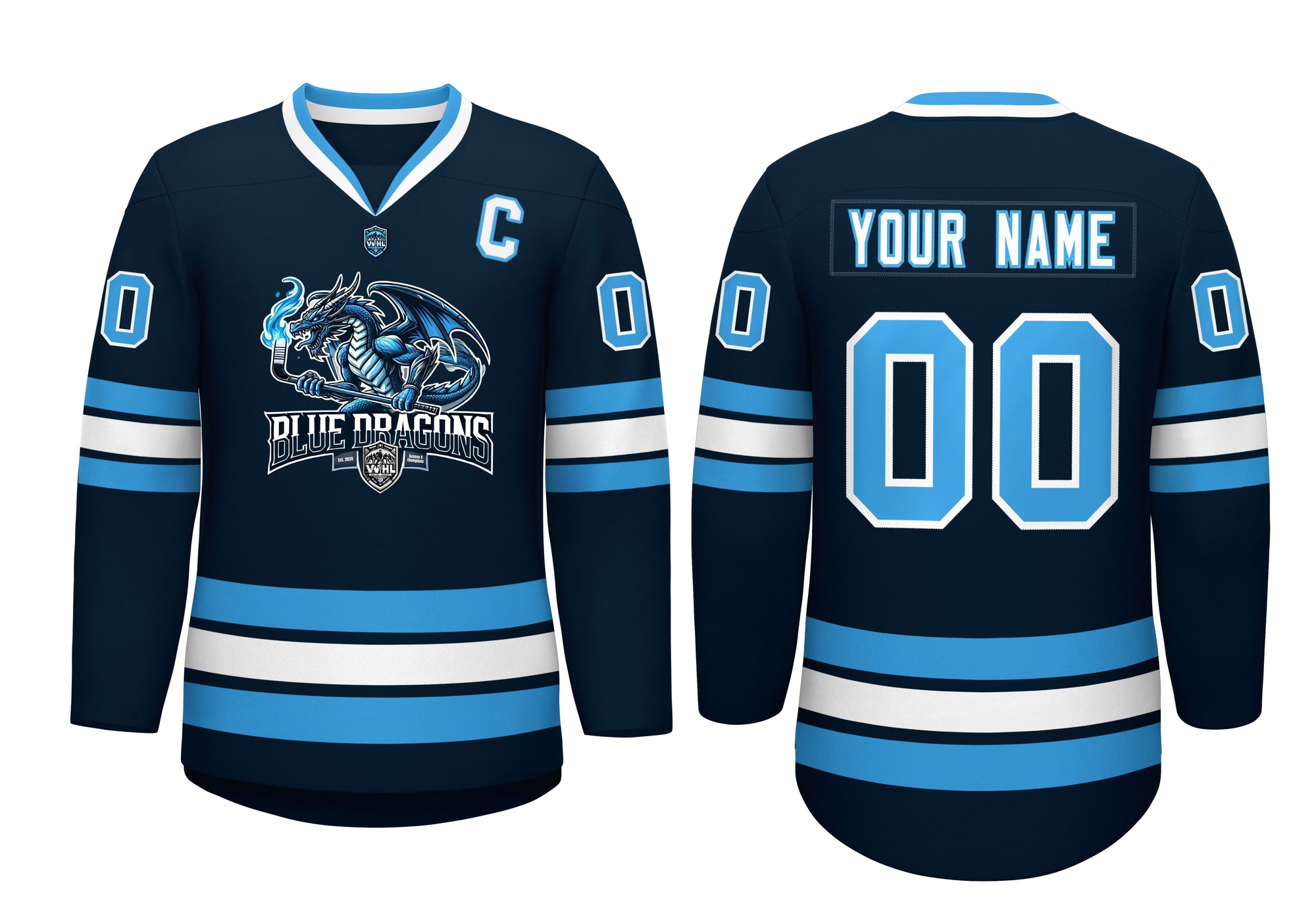 VVHL Custom Blue Dragons Deep Navy White Hockey Jersey