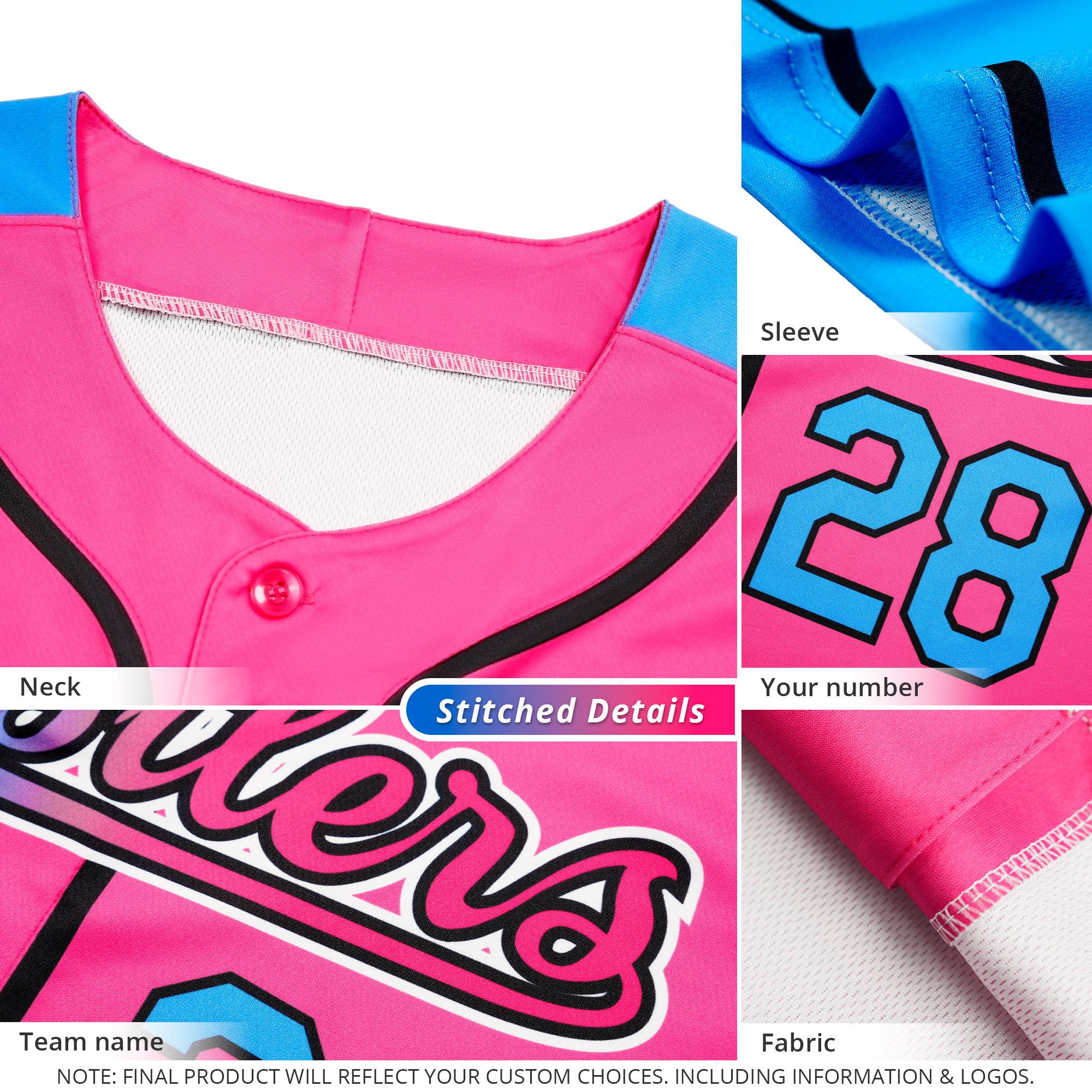 Maillot de Baseball authentique, personnalisé, rose, bleu clair, dégradé noir, mode