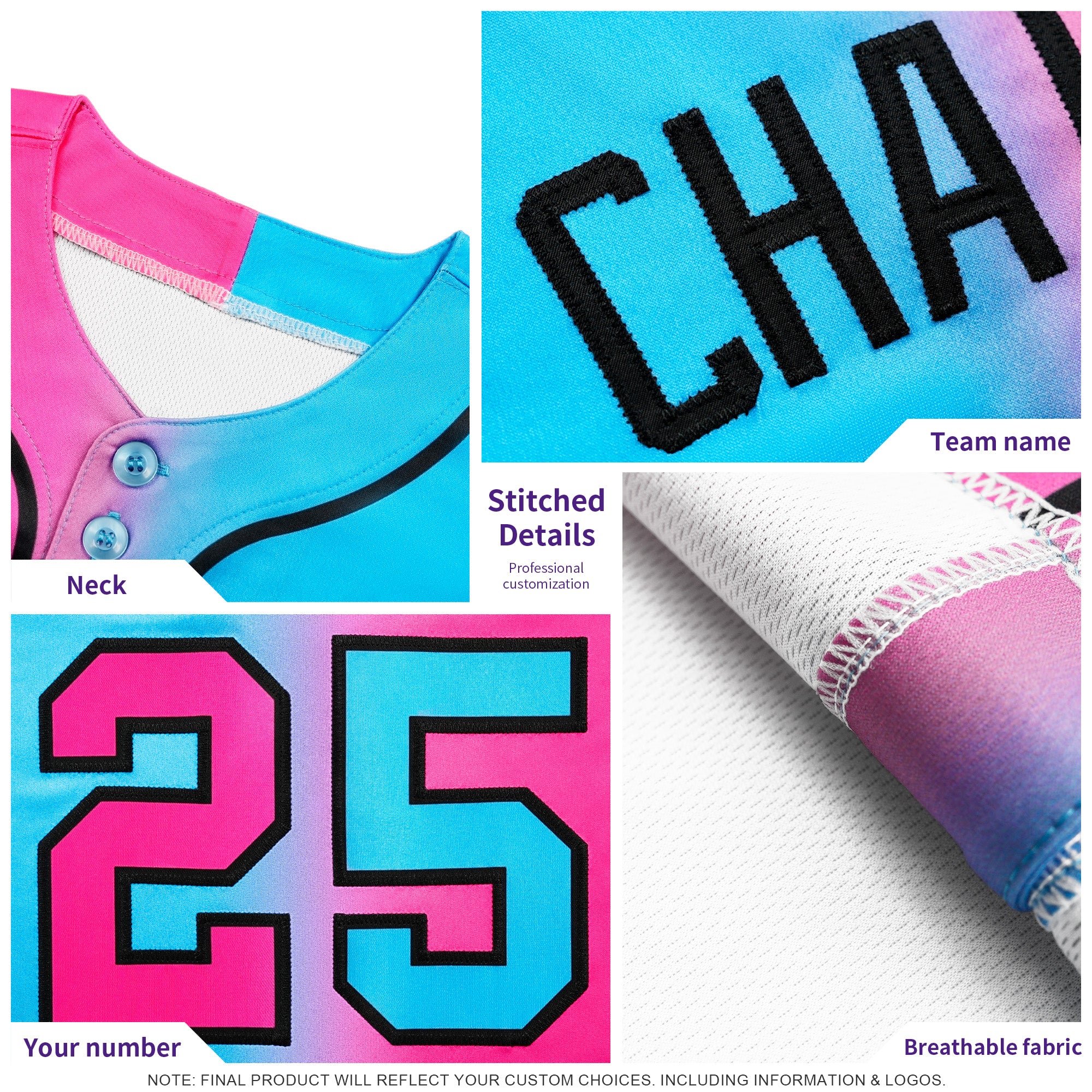 Custom Pink Light Blue-Black Gradient Fashion Authentic Baseball Jersey