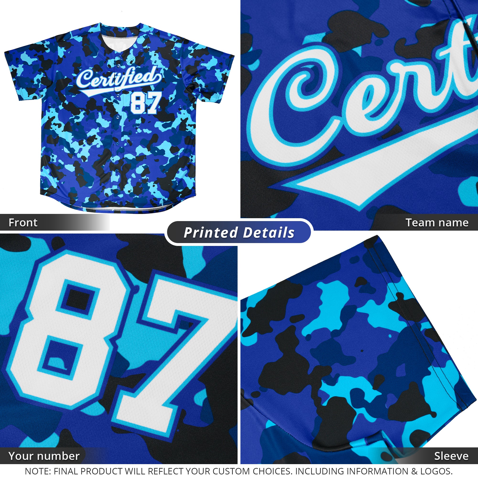 Maillot de baseball authentique personnalisé camouflage blanc bleu clair-royal