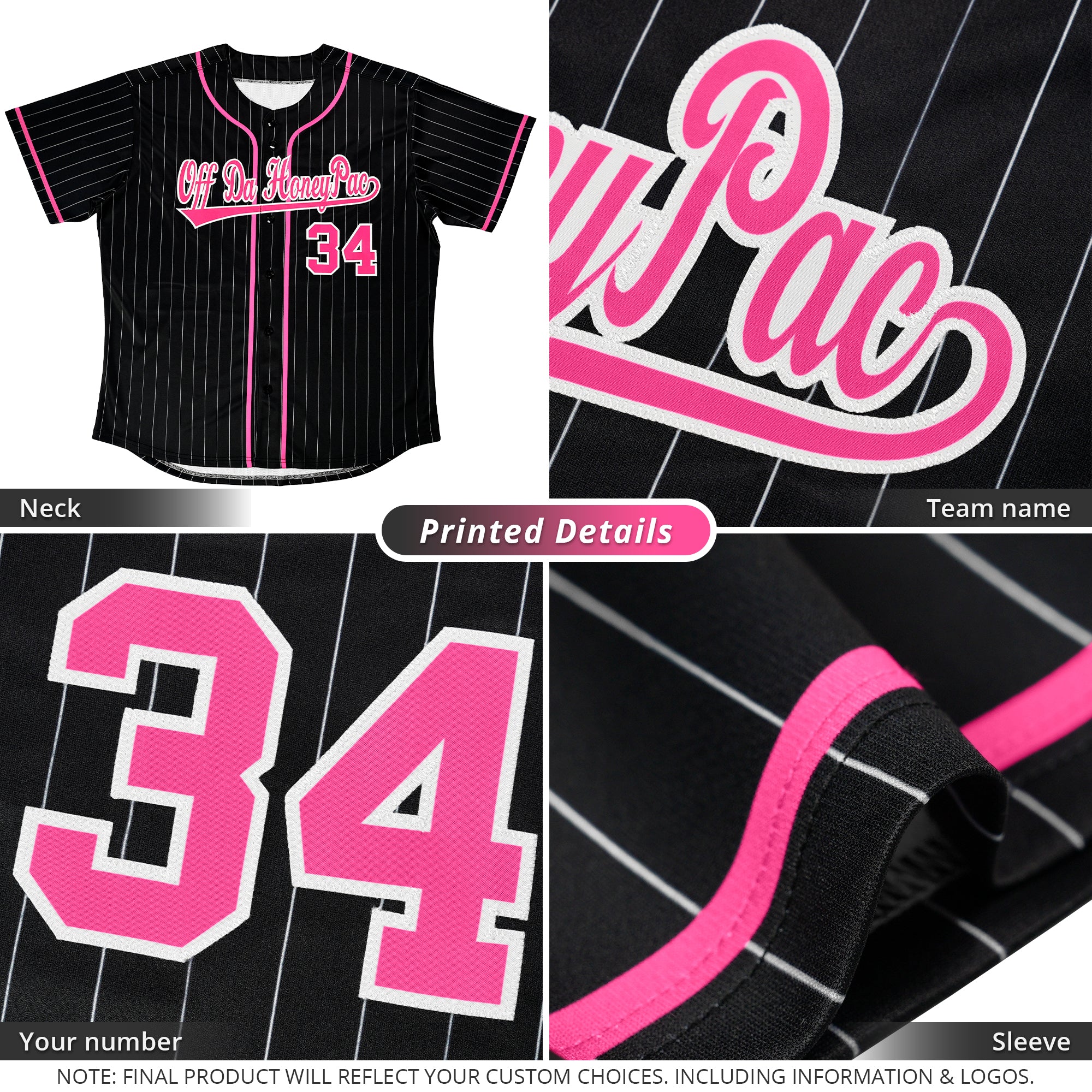 Maillot de baseball personnalisé à rayures noires, rose et gris clair, Design de mode, bouton complet, authentique