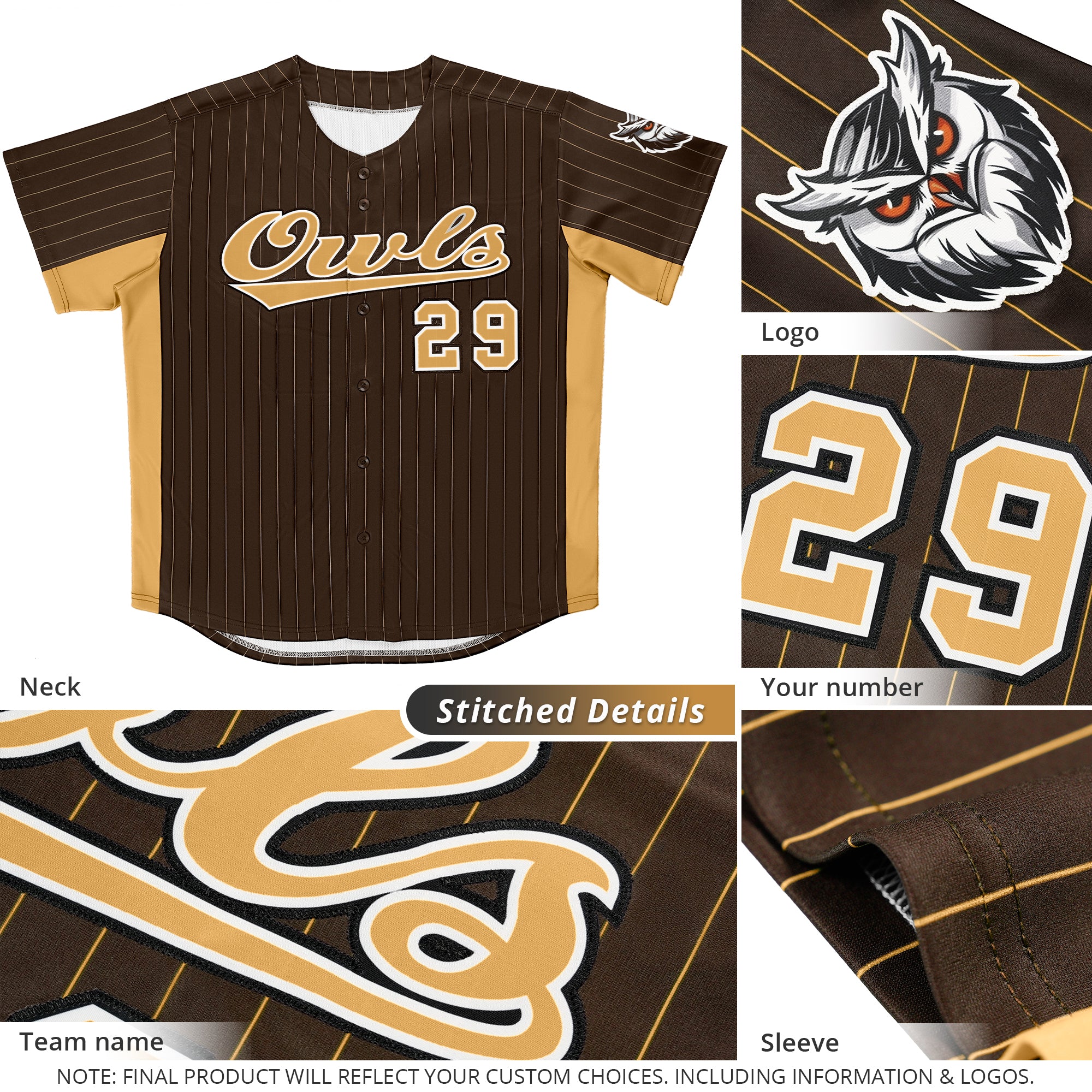 Custom Brown Gold Stripe Fashion Design Full Button Authentic Baseball Jersey