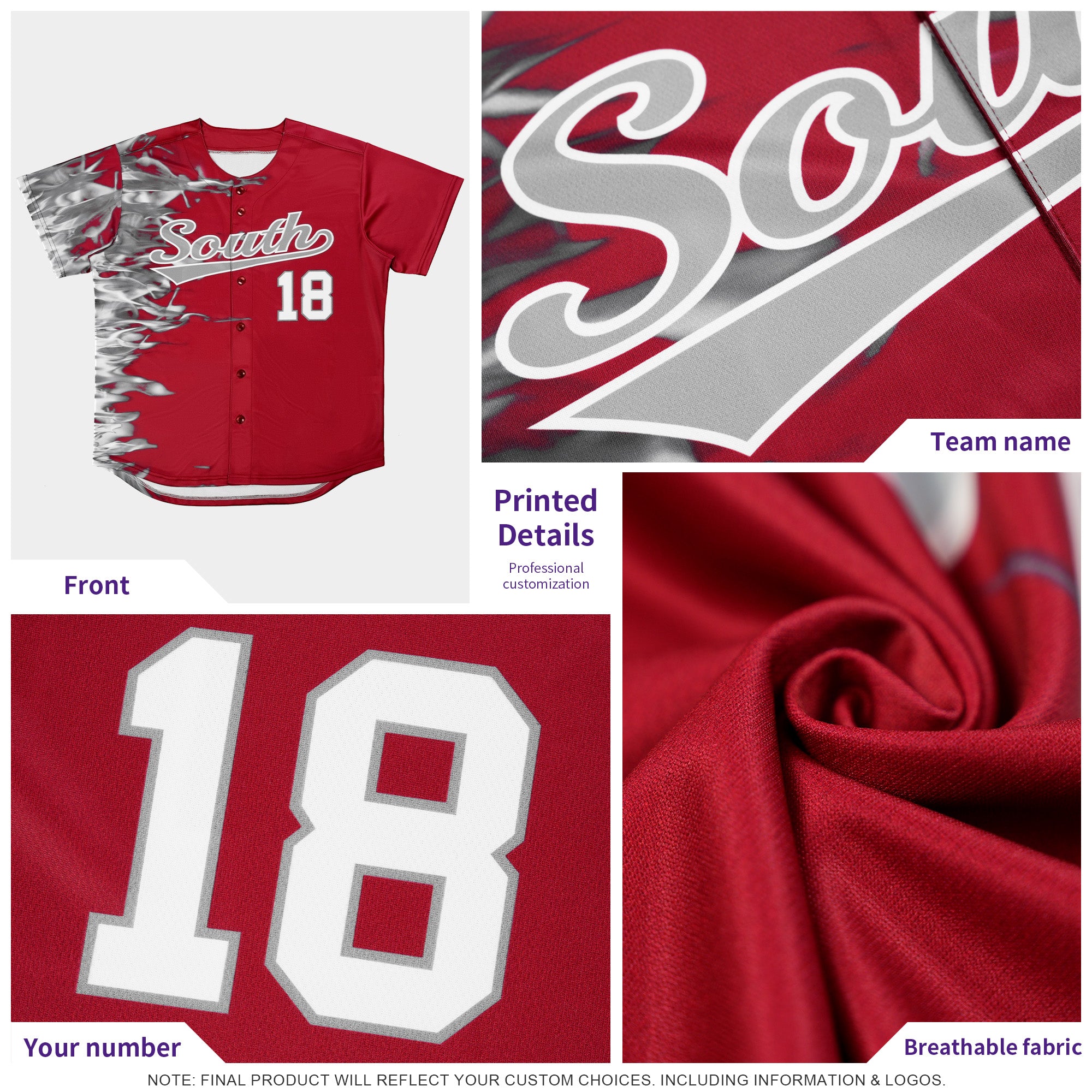 Custom Crimson Personalized 3D Flame Design Authentic Baseball Jersey