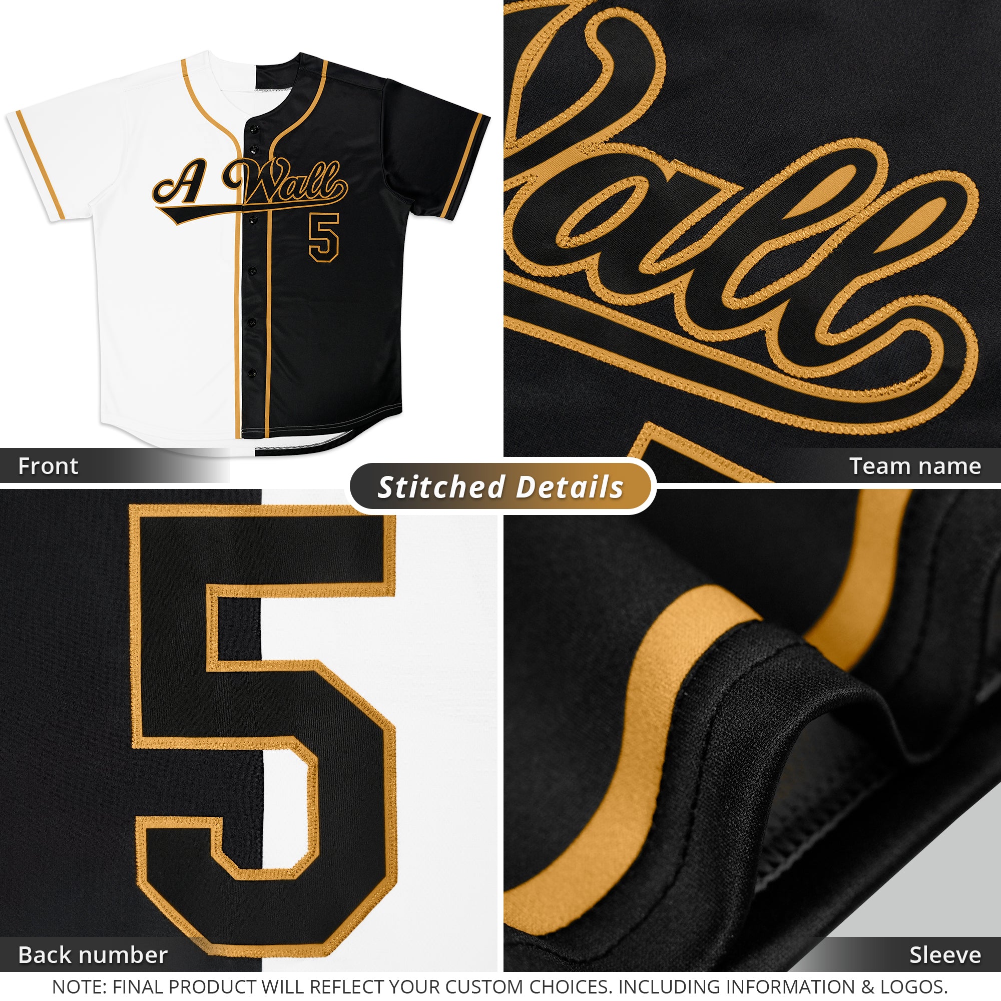 Custom Black White-Old Gold Split Fashion Authentic Baseball Jersey