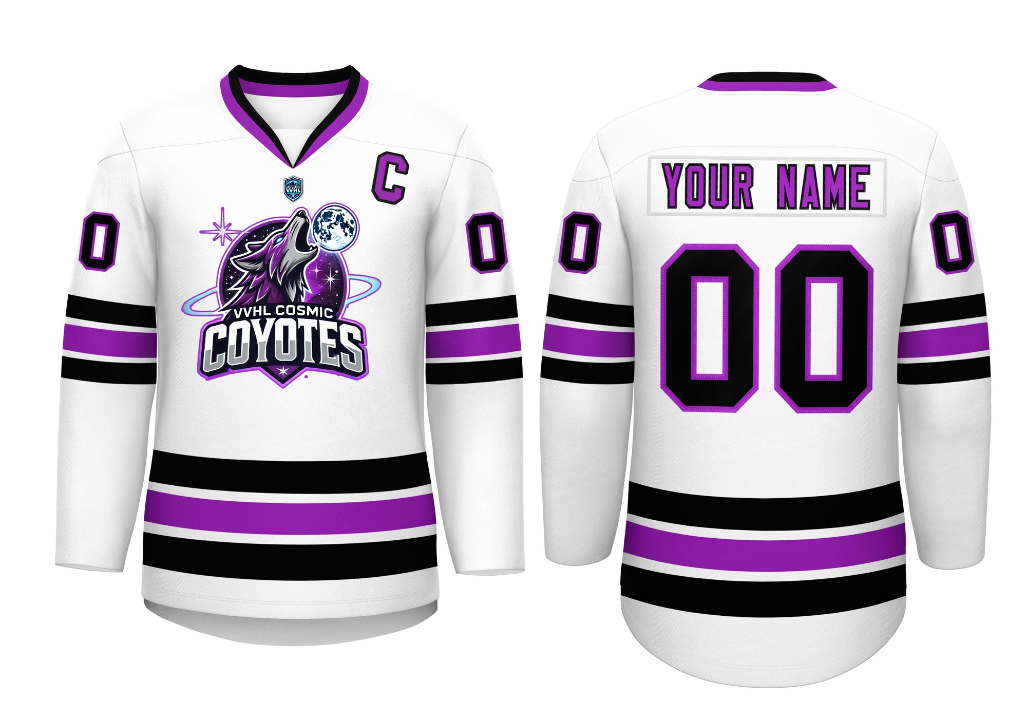 VVFL Custom Cosmic Coyotes Purple White Hockey Jersey