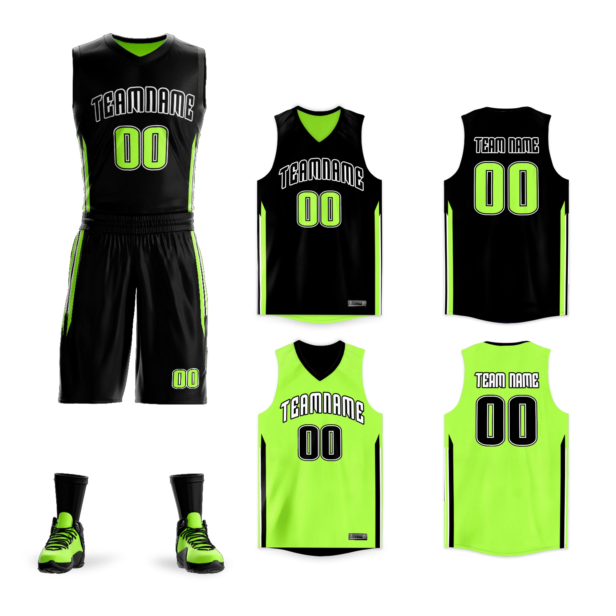 Le double côté vert néon noir personnalisé définit le maillot de basket-ball de vêtements de sport