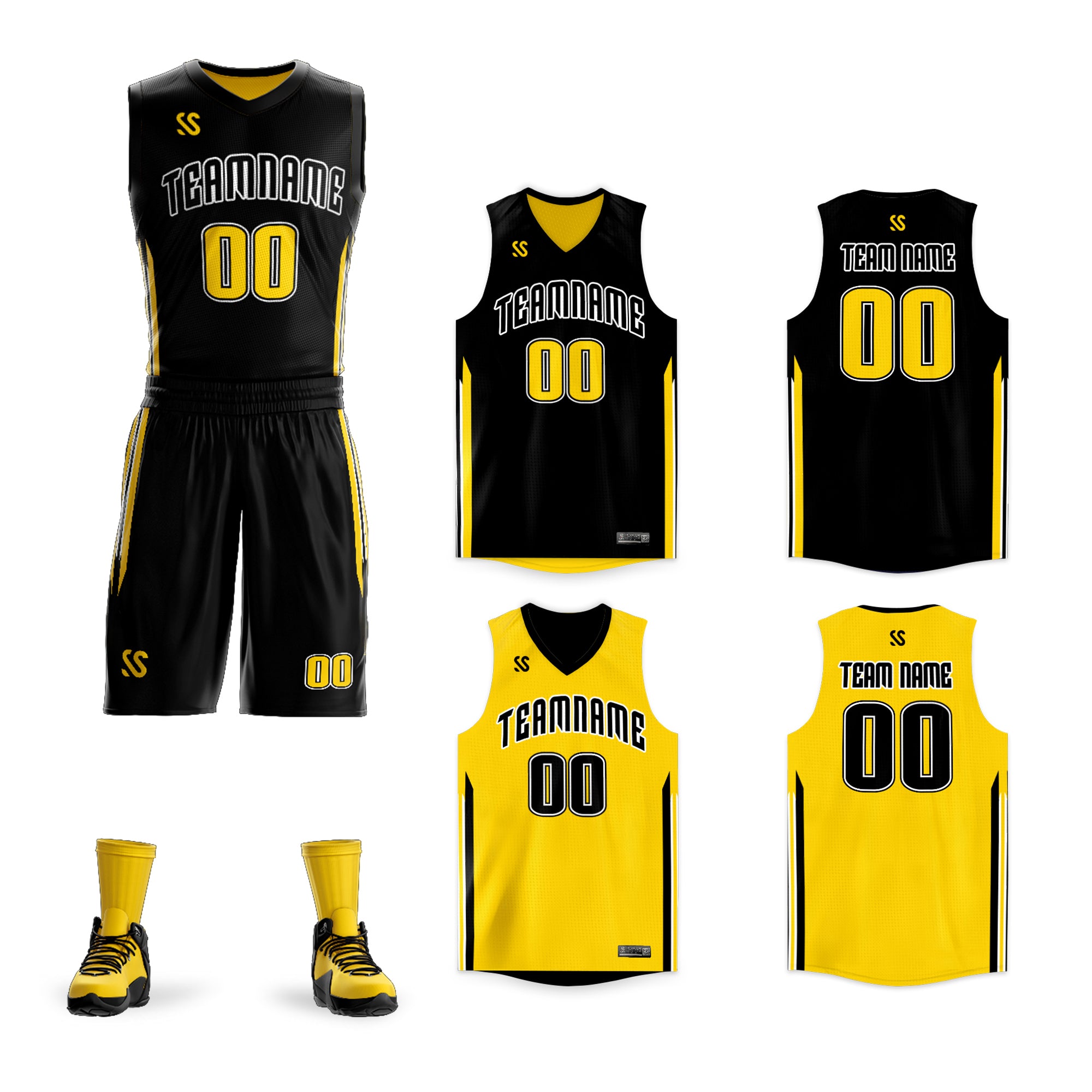 Le double côté jaune noir fait sur commande place le maillot de basket-ball de vêtements de sport de conception