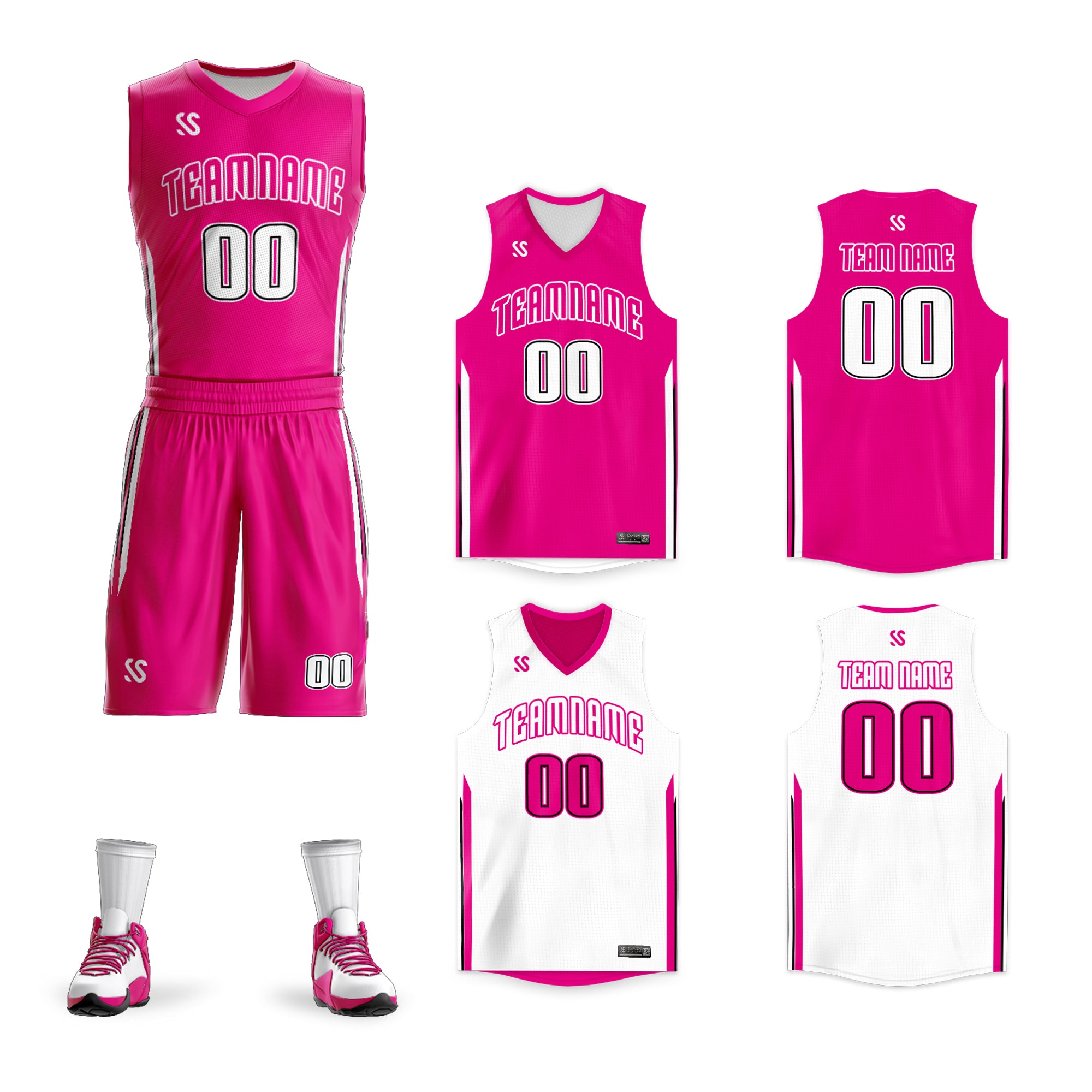 Custom Pink White Double Side Sets Tracksuit Basketball Jersey