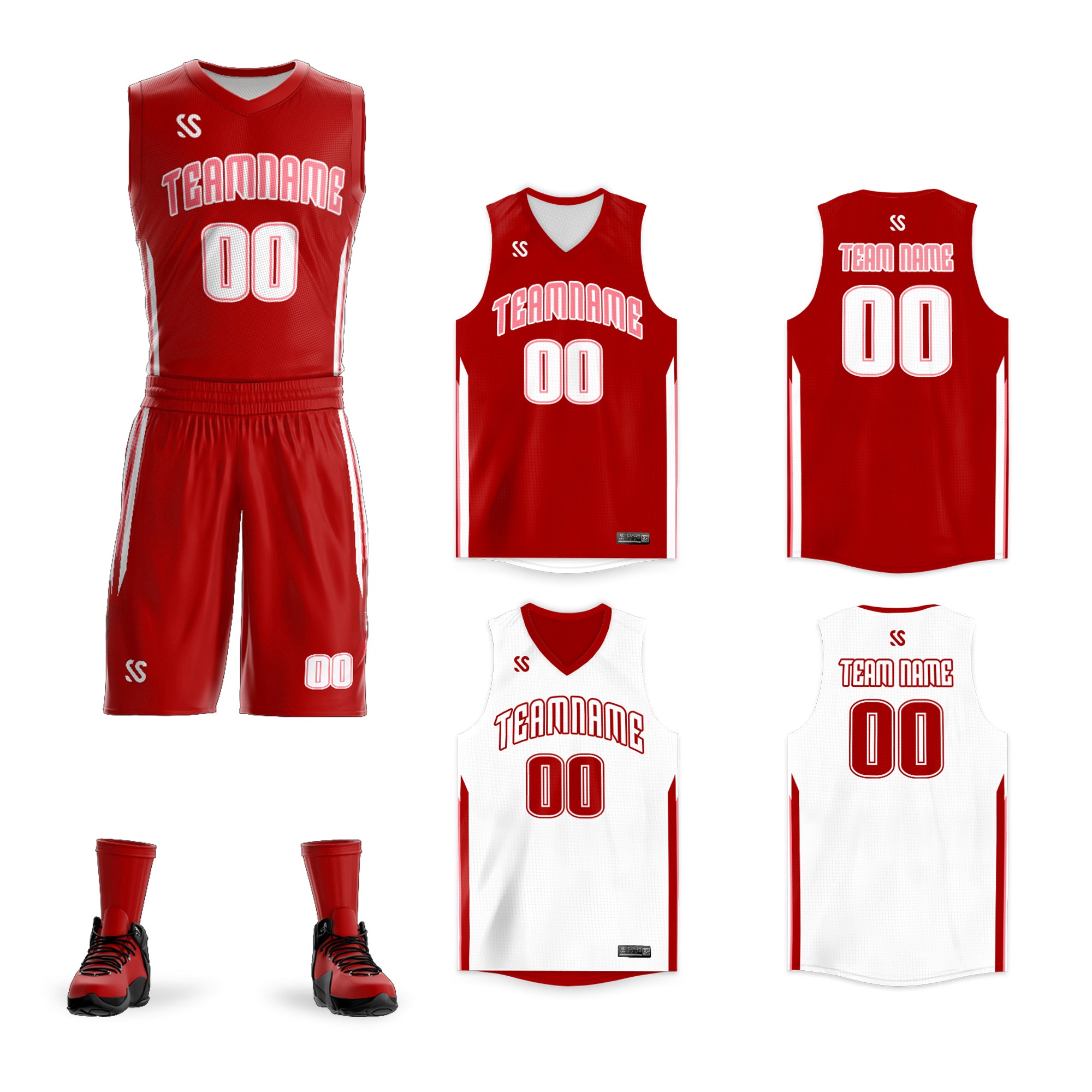 Custom Red White Double Side Sets Design Sportswear Basketball Jersey