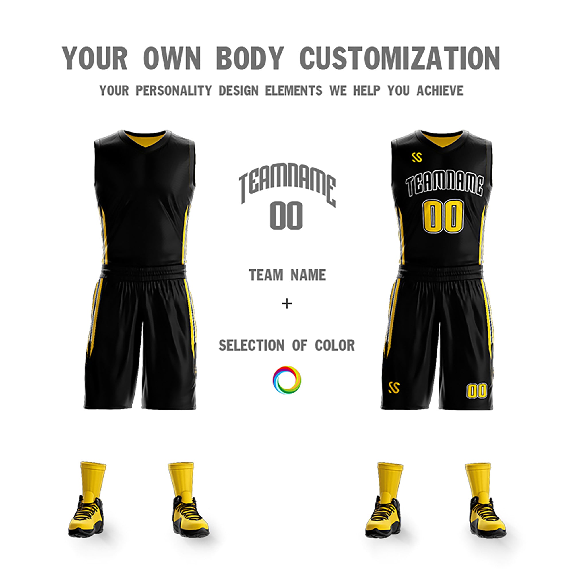 Le double côté jaune noir fait sur commande place le maillot de basket-ball de vêtements de sport de conception