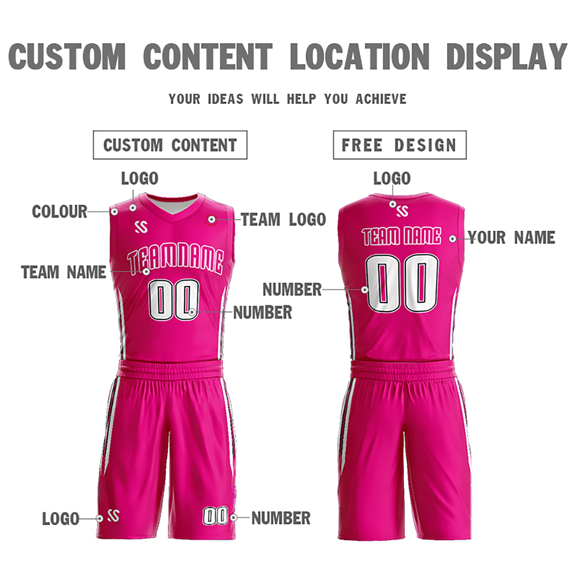 Le double côté blanc rose fait sur commande place le maillot de basket-ball de survêtement