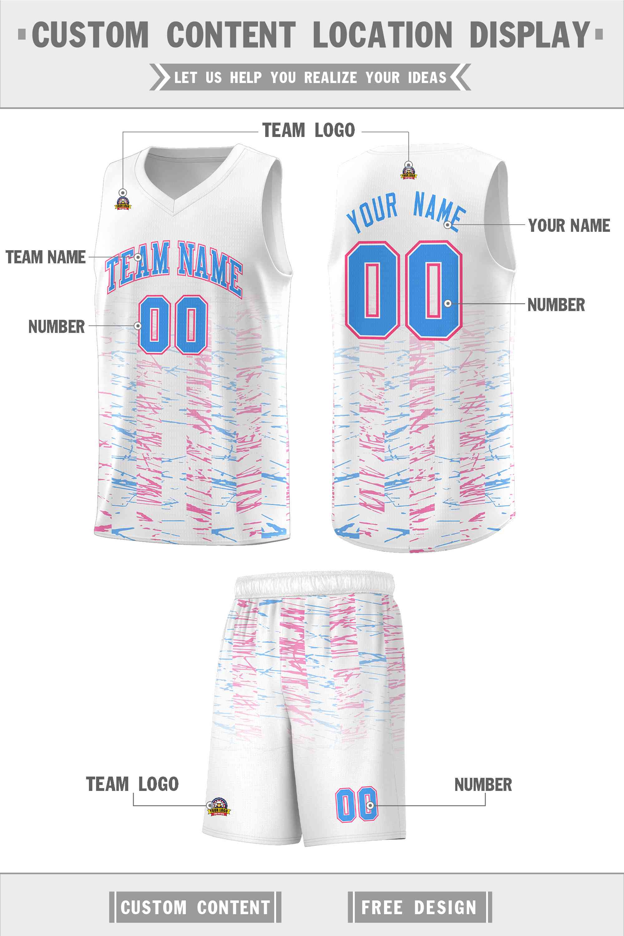 Custom White Powder Blue Personalized Scratches Pattern Sports Uniform Basketball Jersey