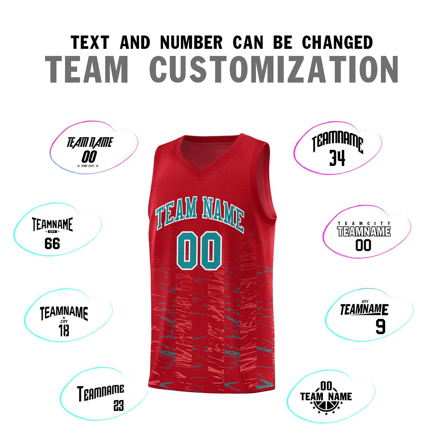 Custom Red Aqua Personalized Scratches Pattern Sports Uniform Basketball Jersey