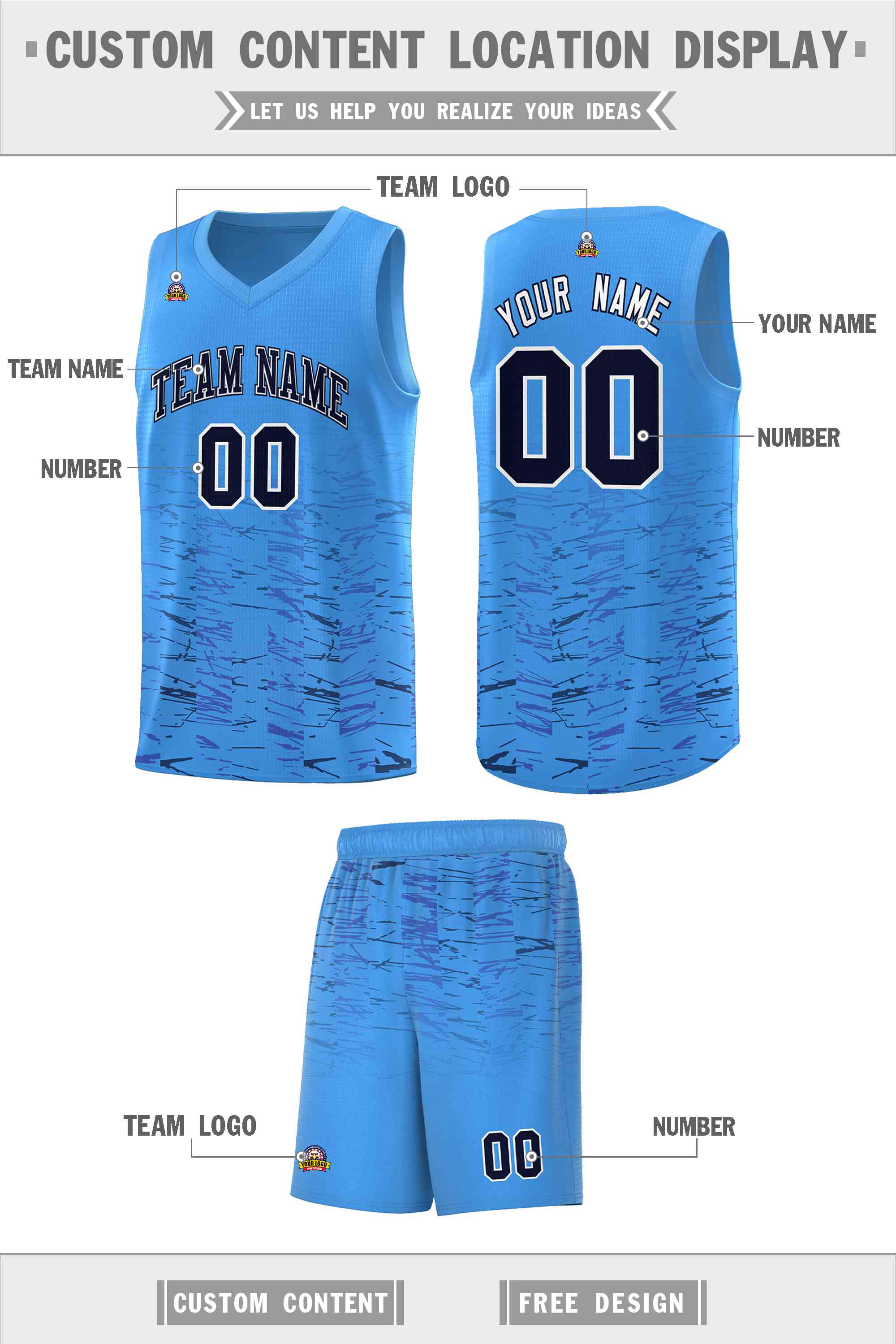 Custom Powder Blue Navy Personalized Scratches Pattern Sports Uniform Basketball Jersey