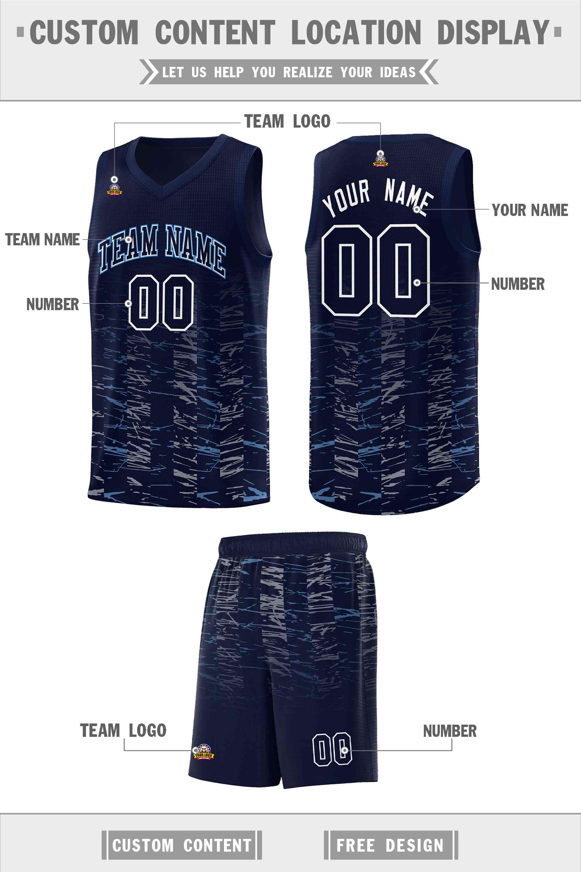 Custom Navy White Personalized Scratches Pattern Sports Uniform Basketball Jersey