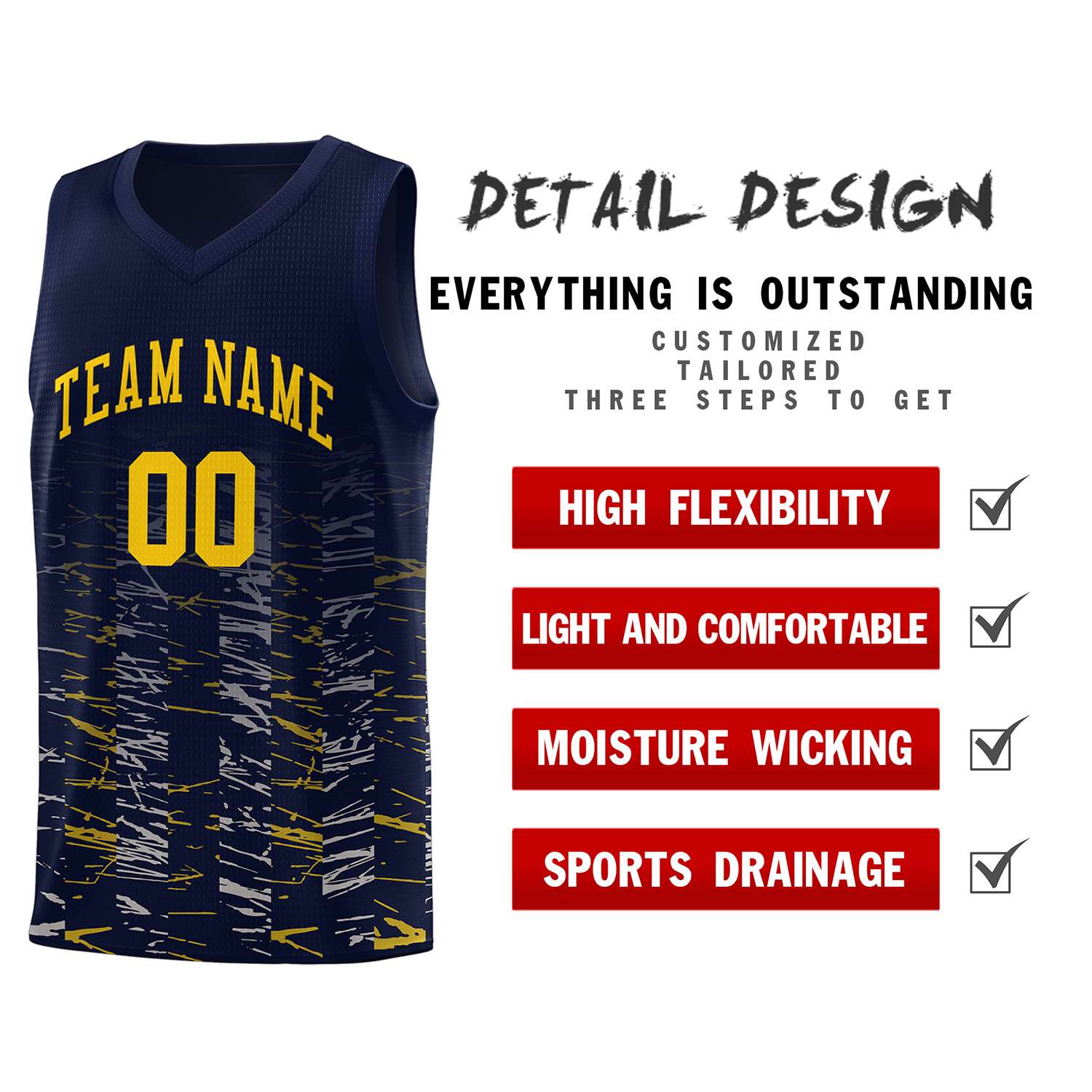 Custom Navy Gold Personalized Scratches Pattern Sports Uniform Basketball Jersey