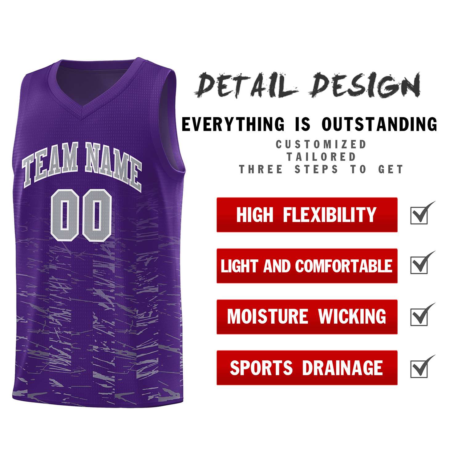 Custom Purple Gray Personalized Scratches Pattern Sports Uniform Basketball Jersey