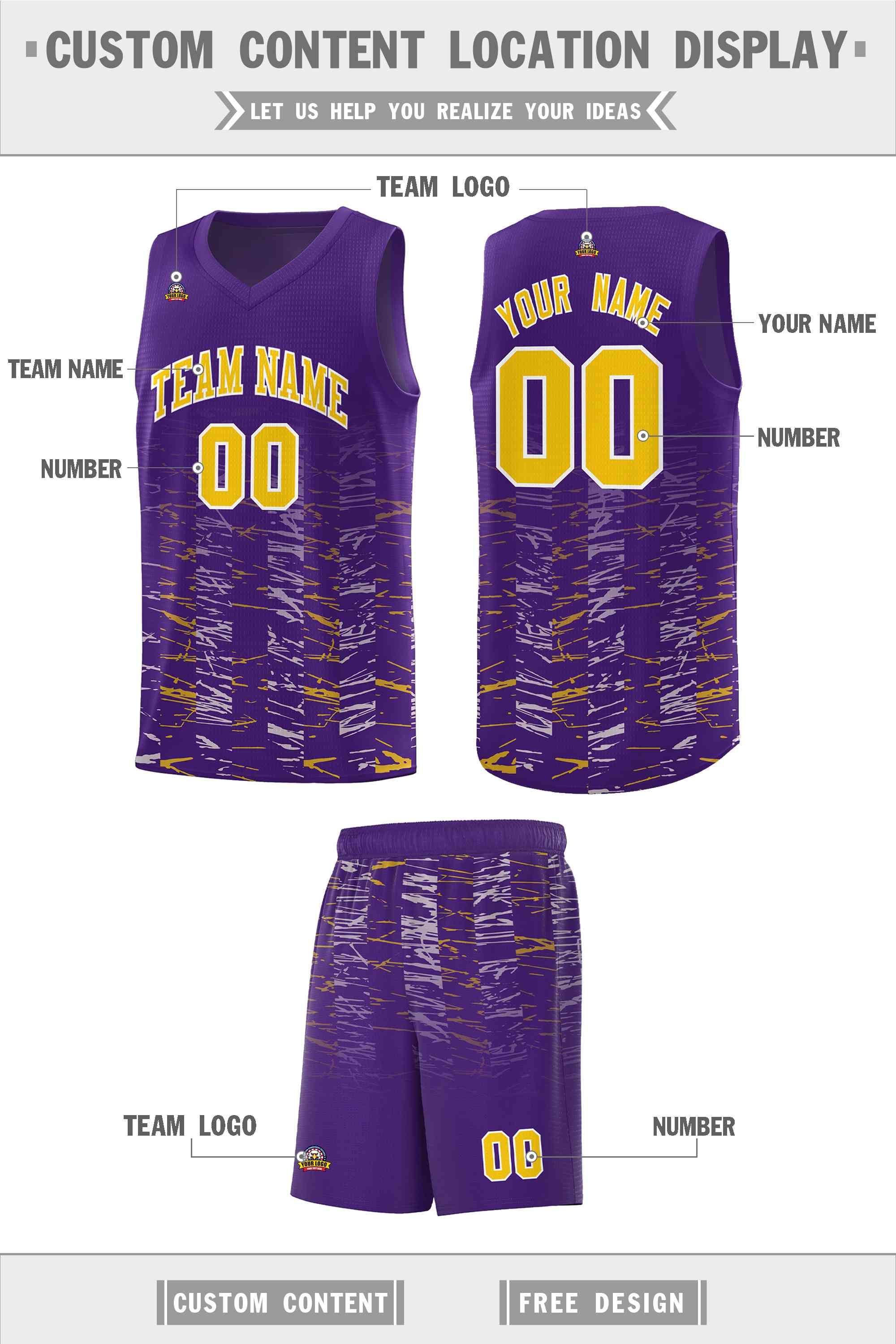 Custom Purple Gold Personalized Scratches Pattern Sports Uniform Basketball Jersey