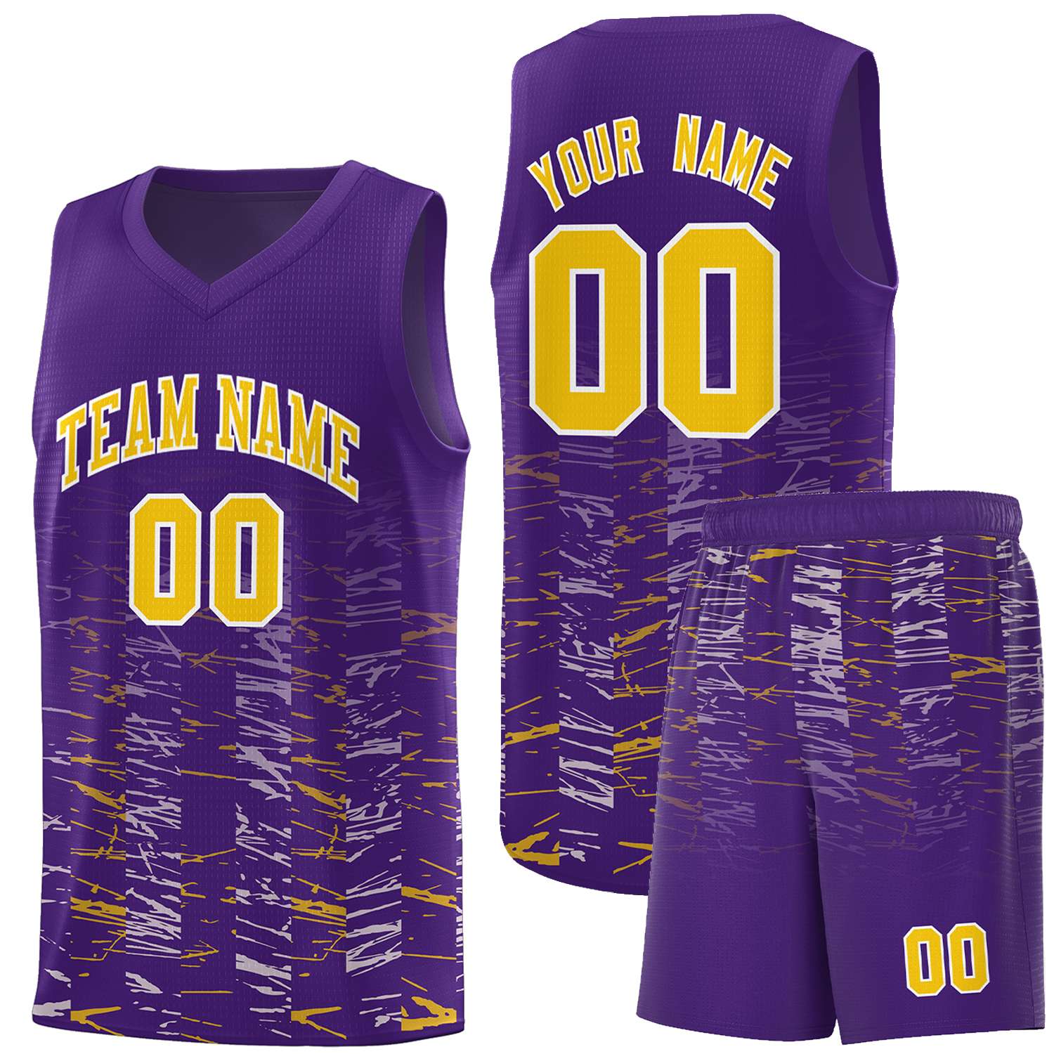 Custom Purple Gold Personalized Scratches Pattern Sports Uniform Basketball Jersey