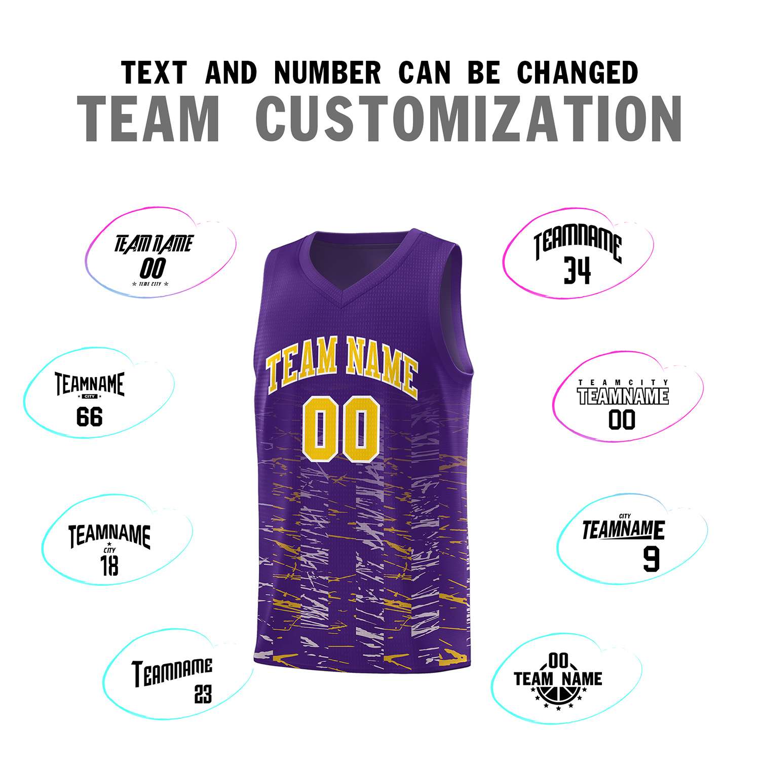 Custom Purple Gold Personalized Scratches Pattern Sports Uniform Basketball Jersey