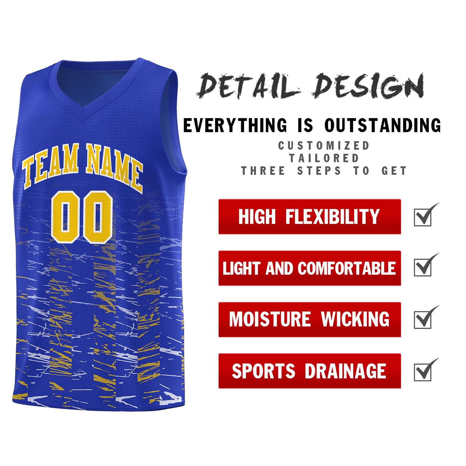 Custom Royal Gold Personalized Scratches Pattern Sports Uniform Basketball Jersey