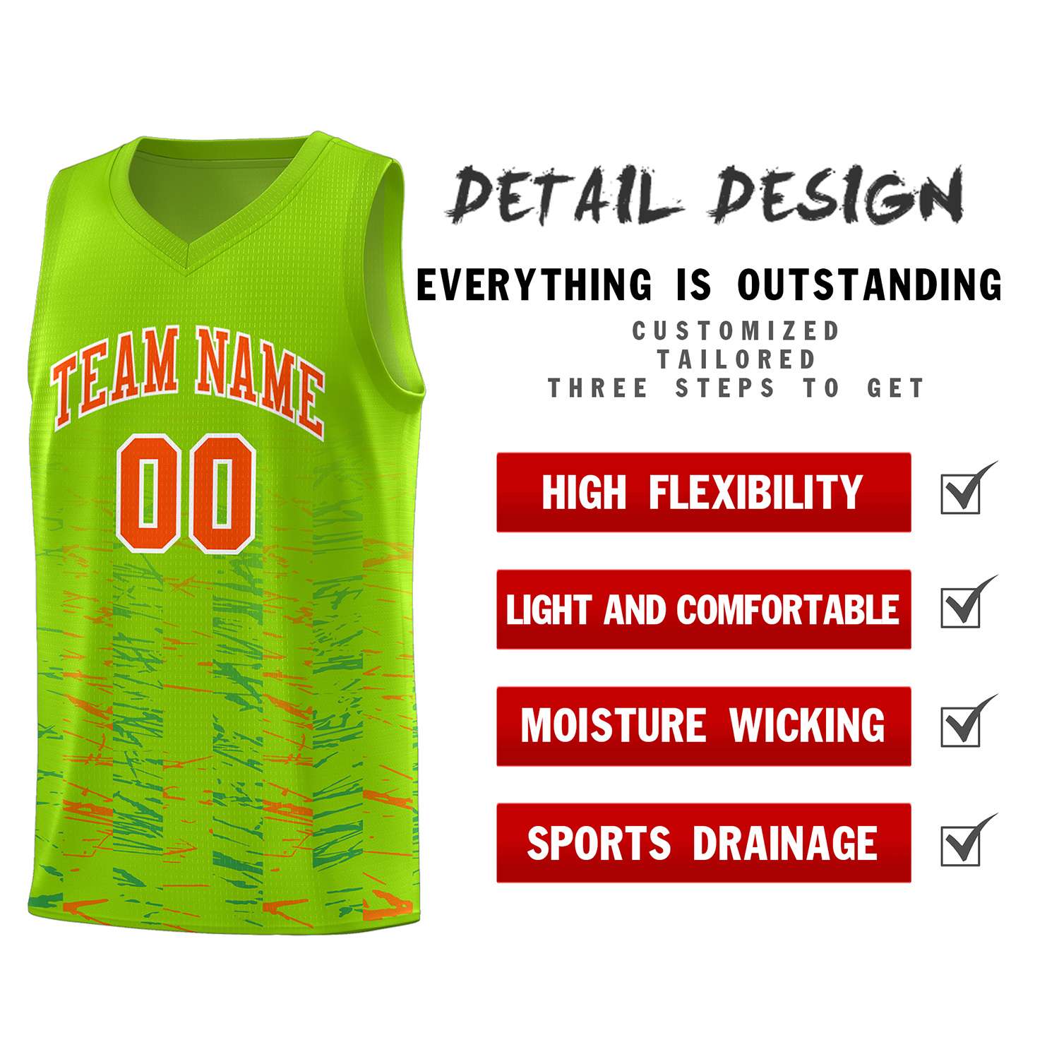 Custom Neon Green Orange Personalized Scratches Pattern Sports Uniform Basketball Jersey