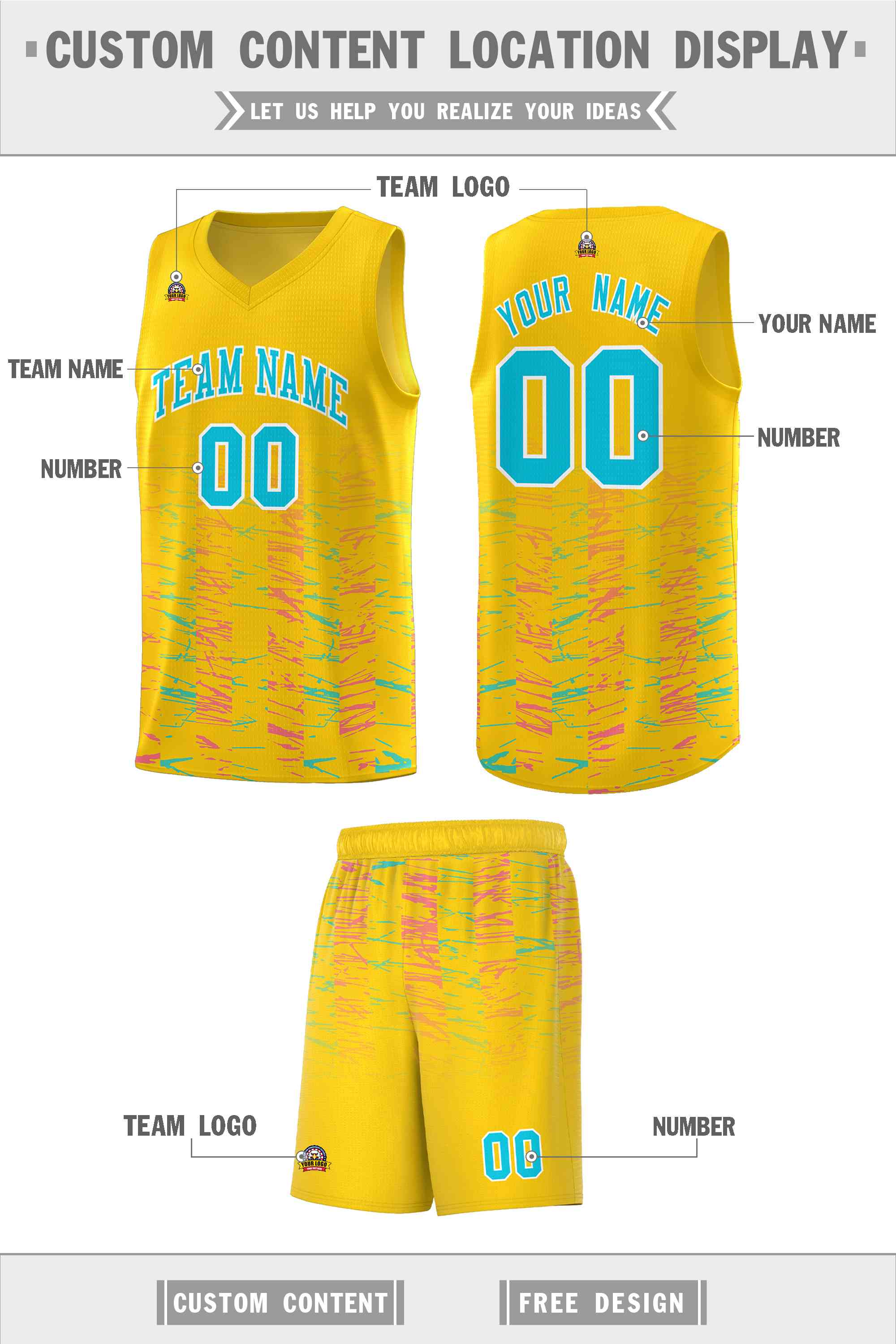 Custom Gold Sky Blue Personalized Scratches Pattern Sports Uniform Basketball Jersey