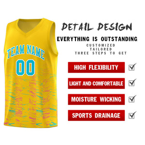 Custom Gold Sky Blue Personalized Scratches Pattern Sports Uniform Basketball Jersey