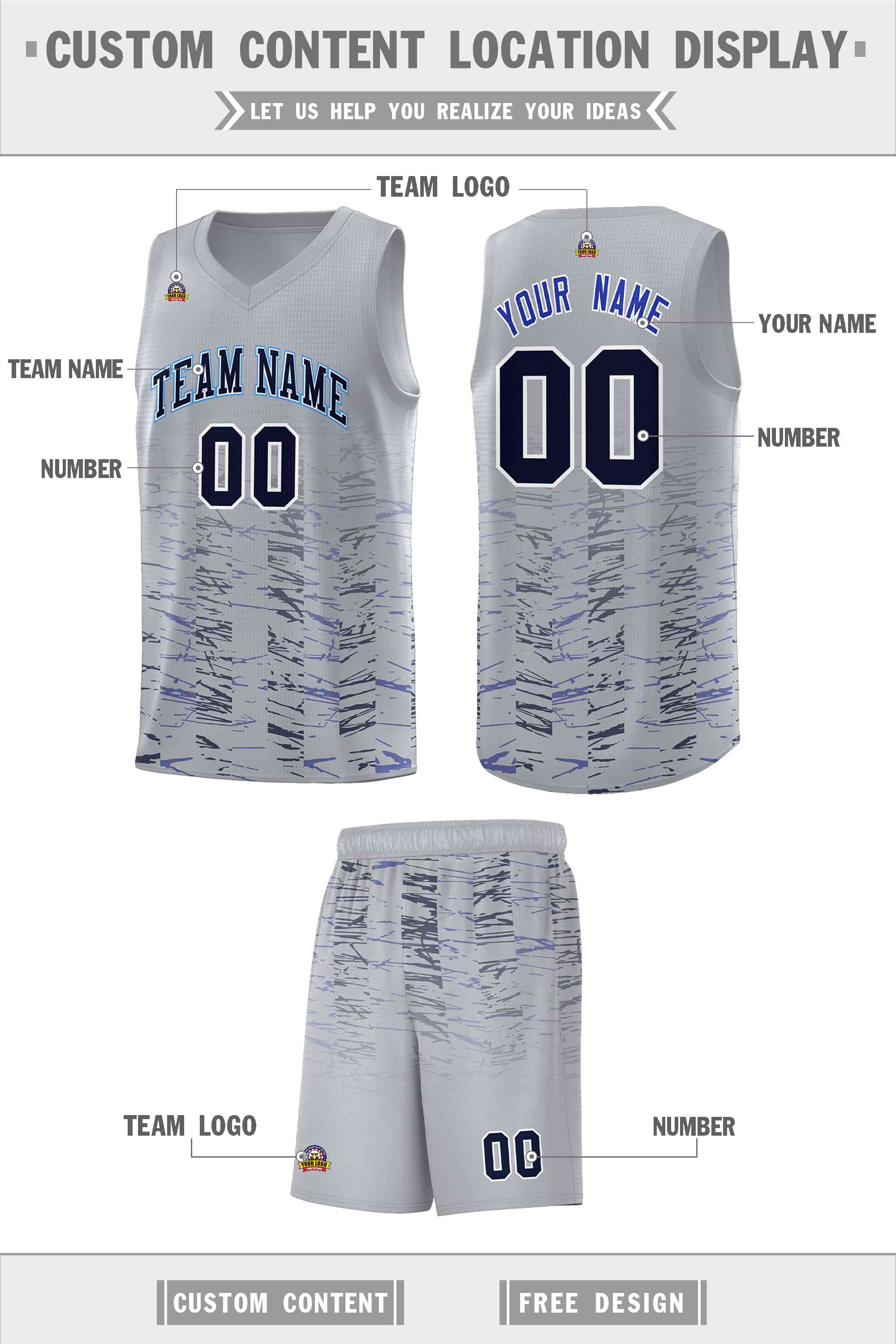 Custom Gray Navy Personalized Scratches Pattern Sports Uniform Basketball Jersey