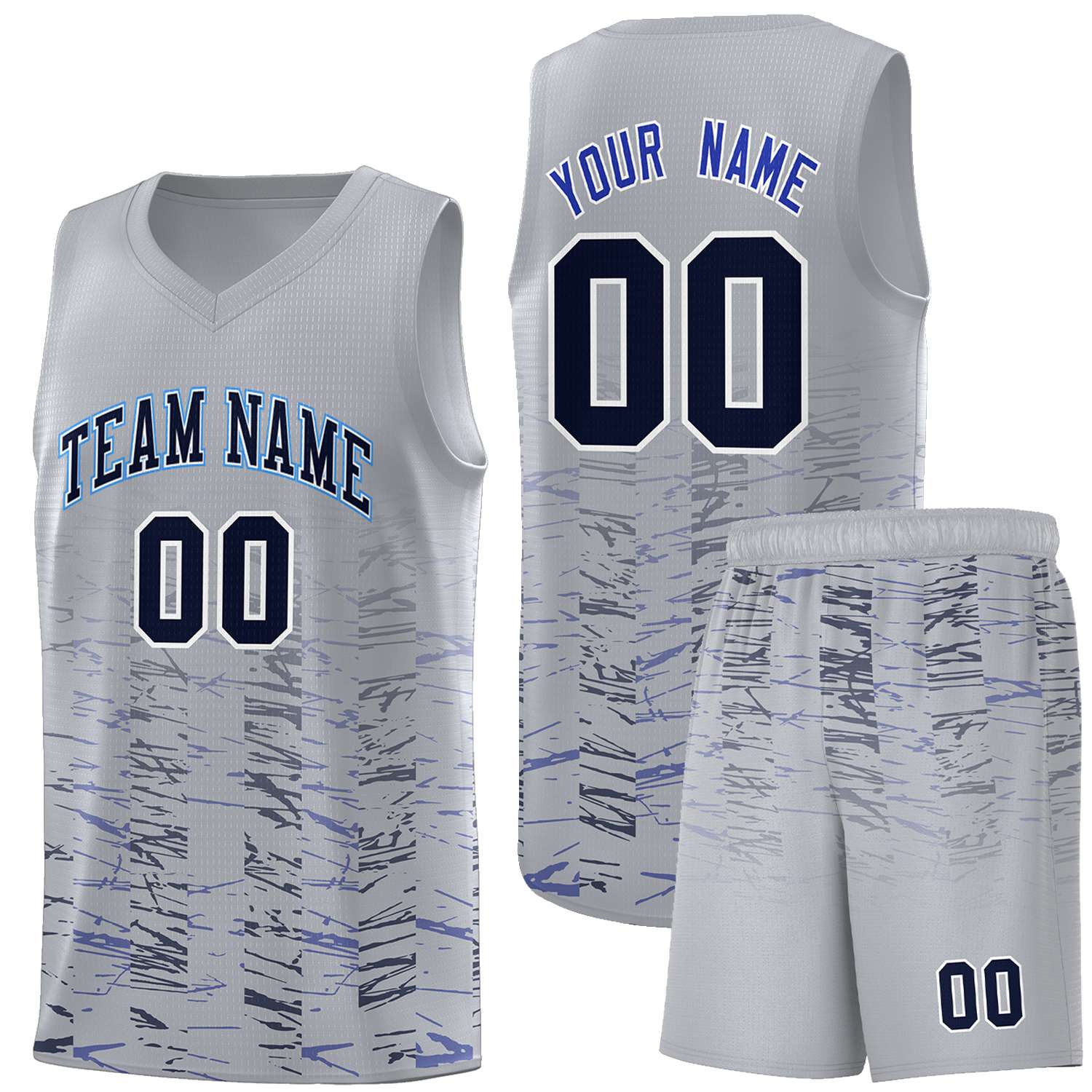 Custom Gray Navy Personalized Scratches Pattern Sports Uniform Basketball Jersey