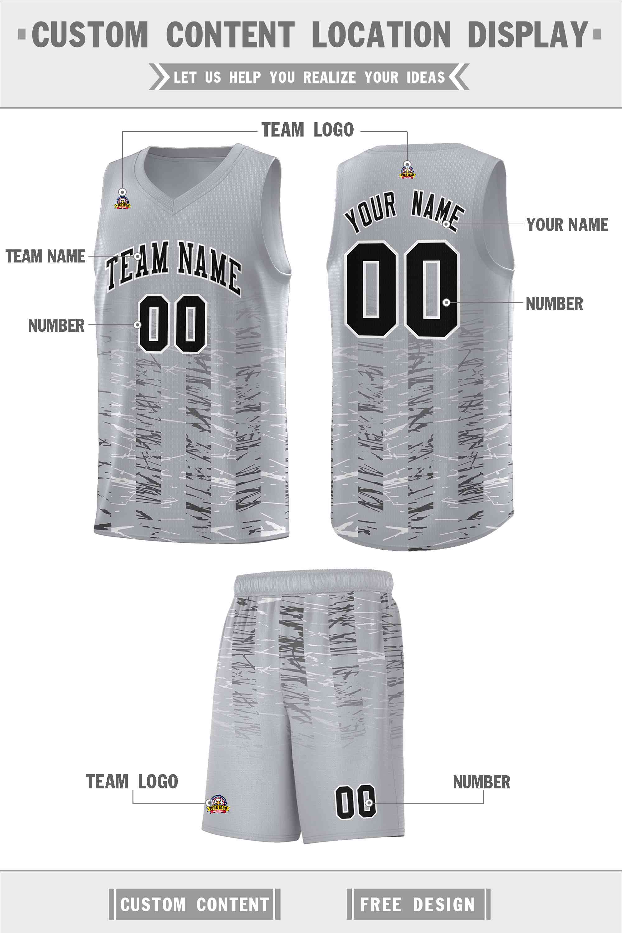 Custom Gray Black Personalized Scratches Pattern Sports Uniform Basketball Jersey