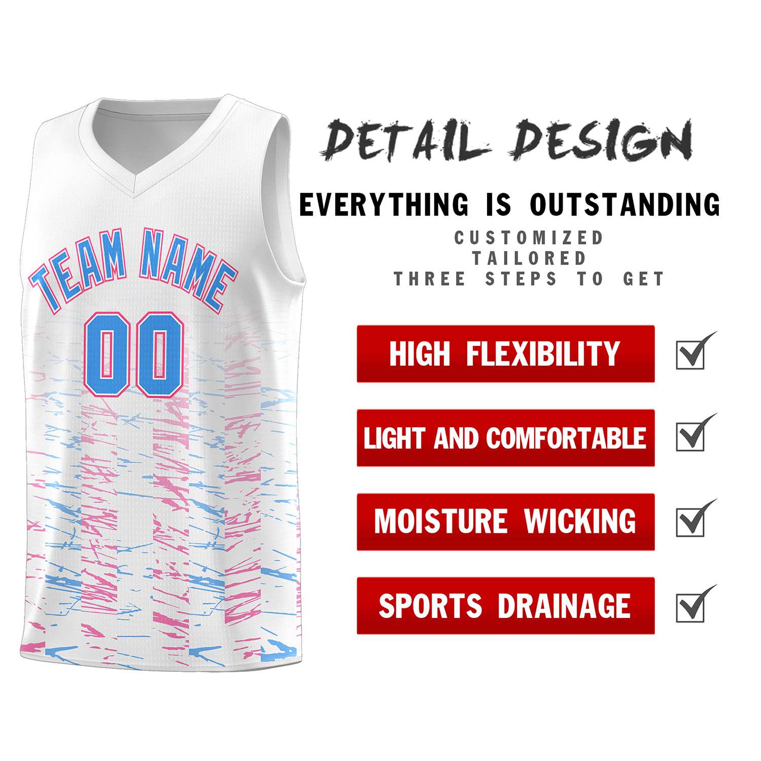 Custom White Powder Blue Personalized Scratches Pattern Sports Uniform Basketball Jersey