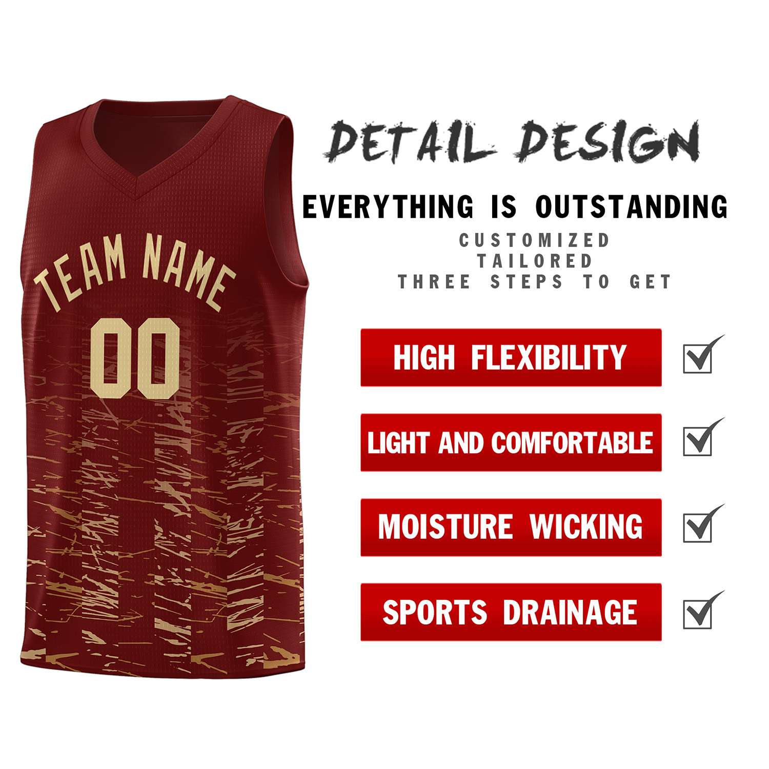 Custom Crimson Khaki Personalized Scratches Pattern Sports Uniform Basketball Jersey