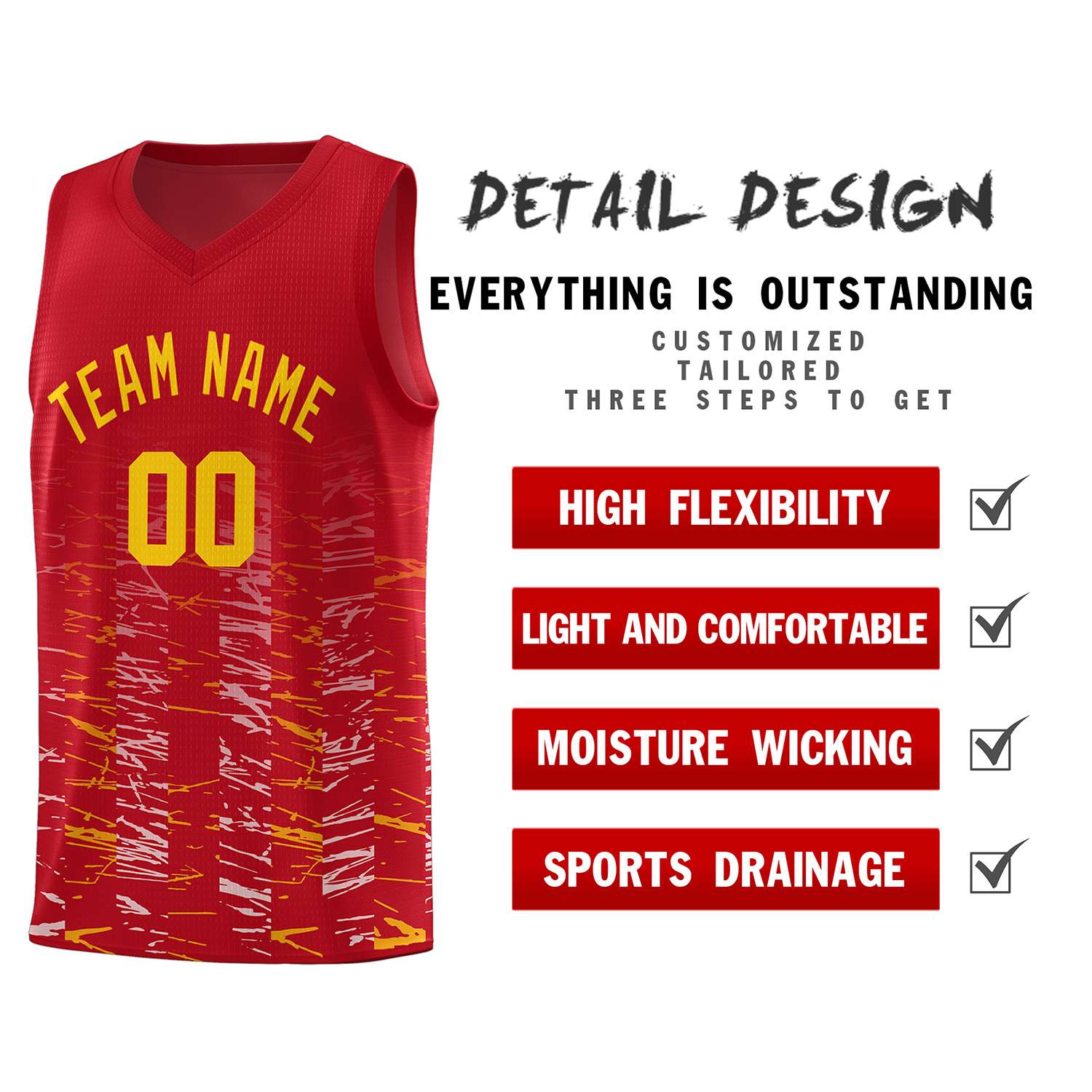 Custom Red Gold Personalized Scratches Pattern Sports Uniform Basketball Jersey