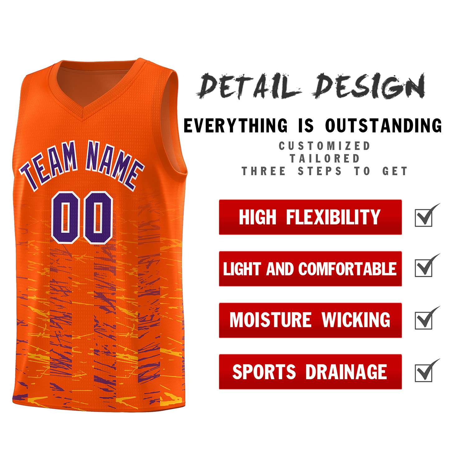 Custom Orange Purple Personalized Scratches Pattern Sports Uniform Basketball Jersey