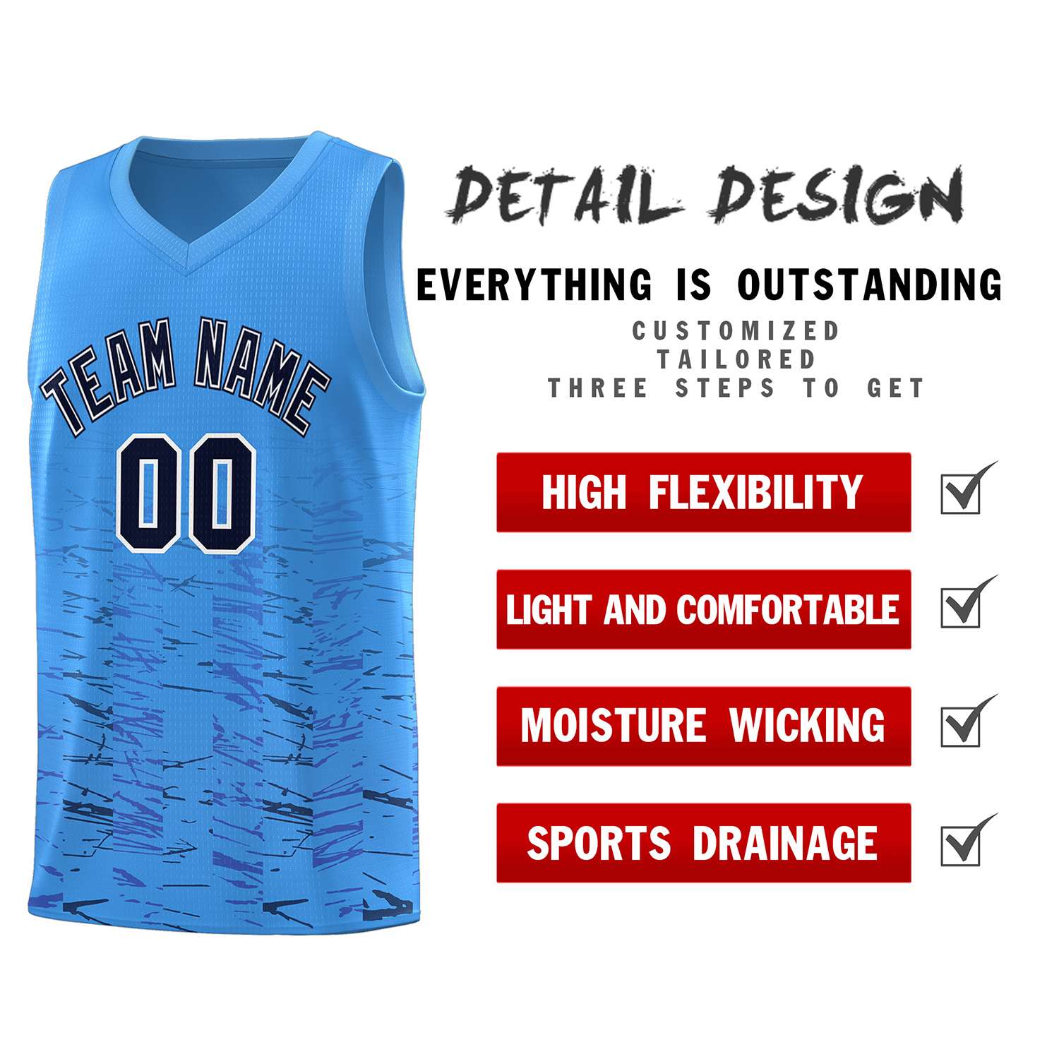 Custom Powder Blue Navy Personalized Scratches Pattern Sports Uniform Basketball Jersey