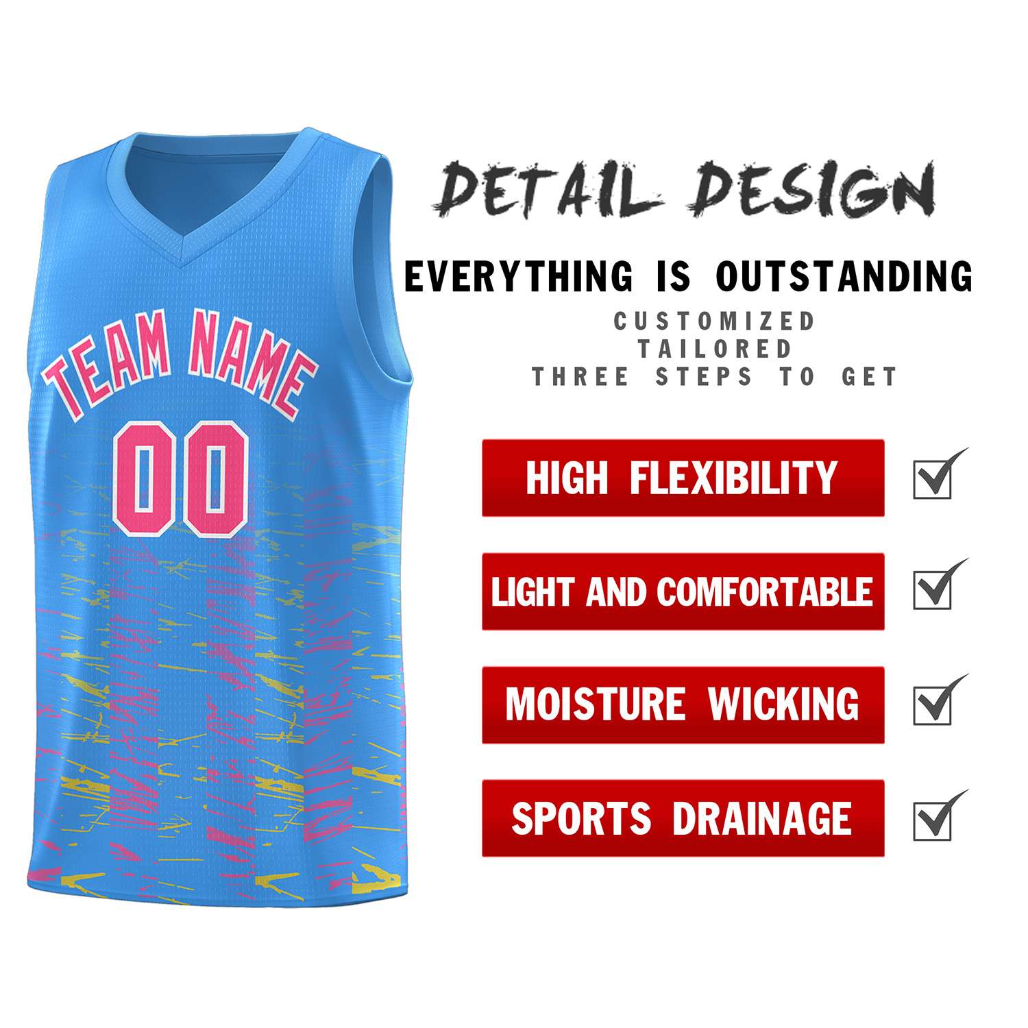 Custom Powder Blue Pink Personalized Scratches Pattern Sports Uniform Basketball Jersey