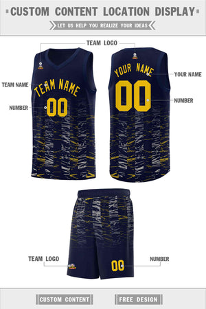 Custom Navy Gold Personalized Scratches Pattern Sports Uniform Basketball Jersey