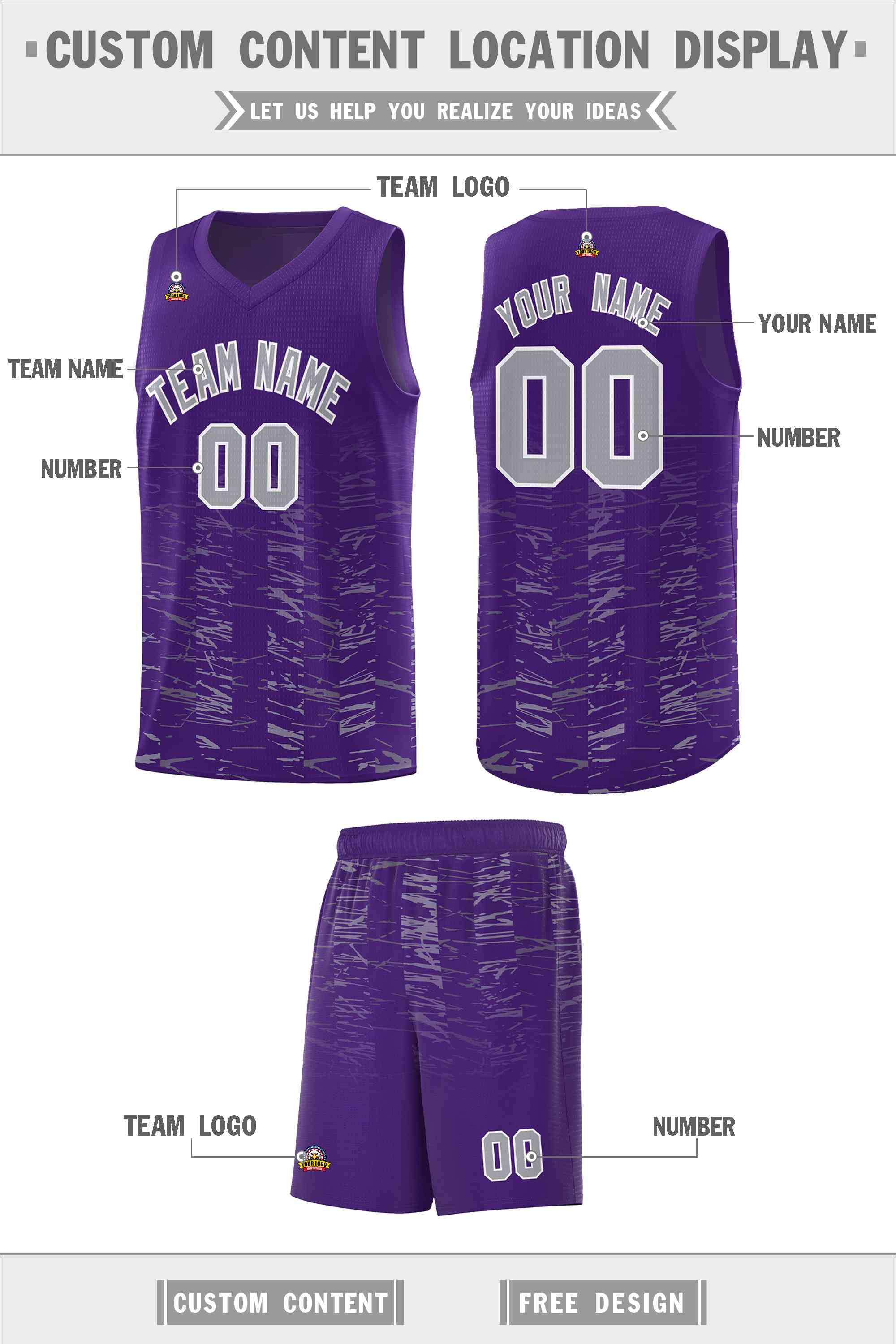 Custom Purple Gray Personalized Scratches Pattern Sports Uniform Basketball Jersey